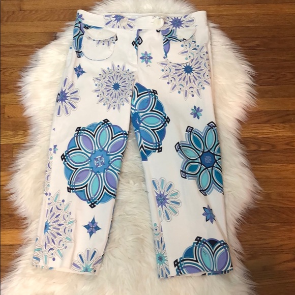 Emilio Pucci Pants - Emilio Pucci White and Blue Stretch Capri Pants